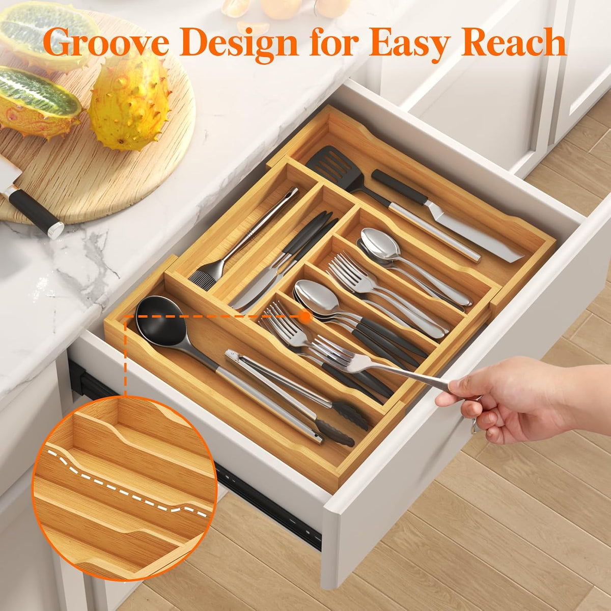 Silverware Drawer Organizer, Expandable Utensil Tray for Kitchen, Flatware and Cutlery Holder, Wood Adjustable Storage for Spoons Forks Knives, 13-22x15/ 33-56x38cm, Natural
