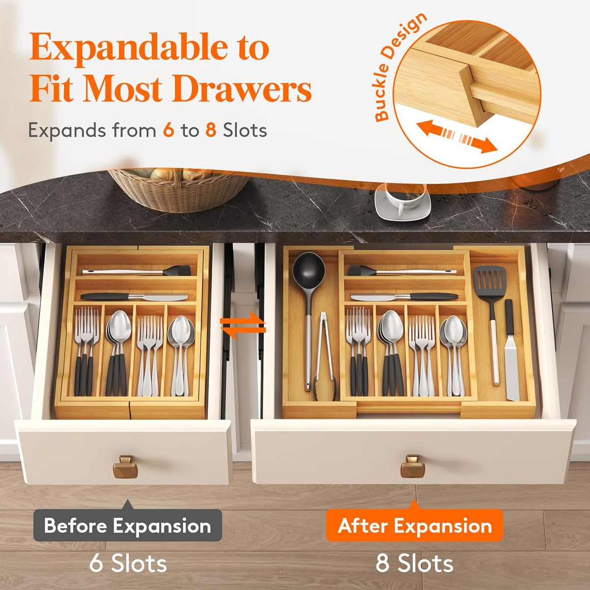 Silverware Drawer Organizer, Expandable Utensil Tray for Kitchen, Flatware and Cutlery Holder, Wood Adjustable Storage for Spoons Forks Knives, 13-22x15/ 33-56x38cm, Natural