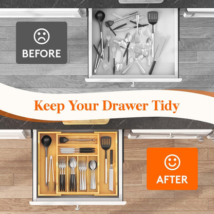 Silverware Drawer Organizer, Expandable Utensil Tray for Kitchen, Flatware and Cutlery Holder, Wood Adjustable Storage for Spoons Forks Knives, 13-22x15/ 33-56x38cm, Natural