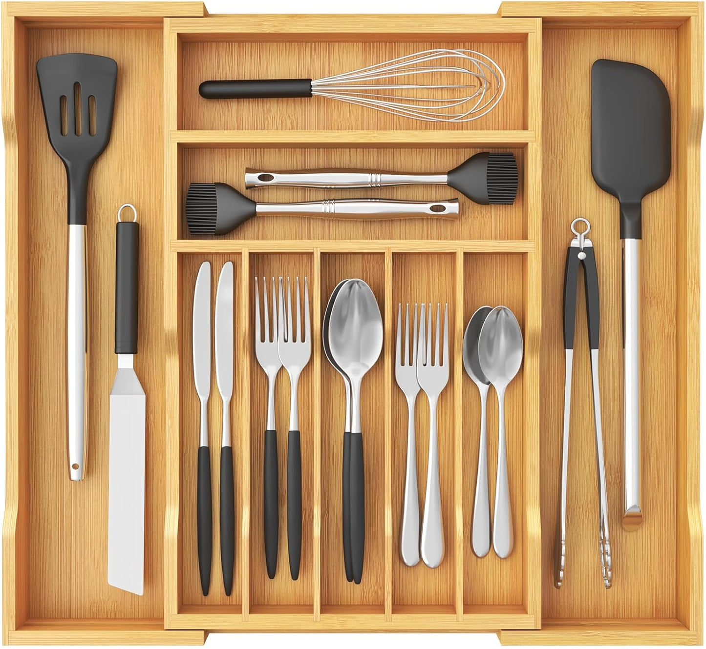 Silverware Drawer Organizer, Expandable Utensil Tray for Kitchen, Flatware and Cutlery Holder, Wood Adjustable Storage for Spoons Forks Knives, 13-22x15/ 33-56x38cm, Natural