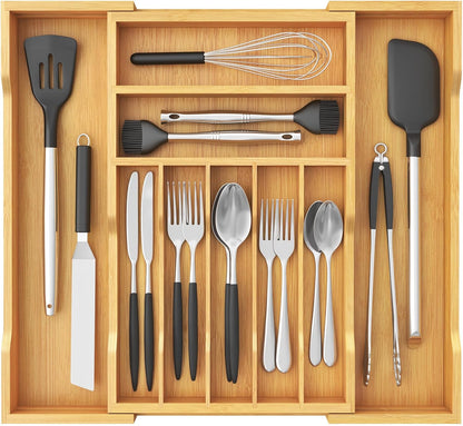 Silverware Drawer Organizer, Expandable Utensil Tray for Kitchen, Flatware and Cutlery Holder, Wood Adjustable Storage for Spoons Forks Knives, 13-22x15/ 33-56x38cm, Natural
