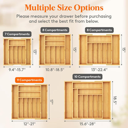 Silverware Drawer Organizer, Expandable Utensil Tray for Kitchen, Flatware and Cutlery Holder, Wood Adjustable Storage for Spoons Forks Knives, 13-22x15/ 33-56x38cm, Natural
