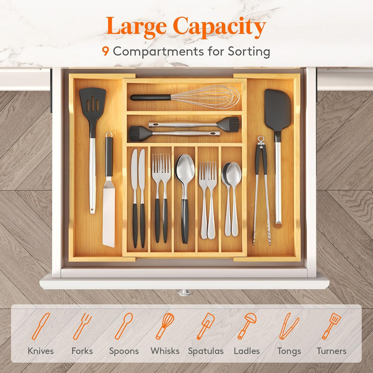 Silverware Drawer Organizer, Expandable Utensil Tray for Kitchen, Flatware and Cutlery Holder, Wood Adjustable Storage for Spoons Forks Knives, 13-22x15/ 33-56x38cm, Natural