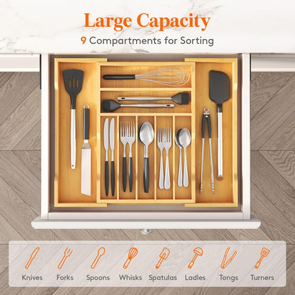 Silverware Drawer Organizer, Expandable Utensil Tray for Kitchen, Flatware and Cutlery Holder, Wood Adjustable Storage for Spoons Forks Knives, 13-22x15/ 33-56x38cm, Natural