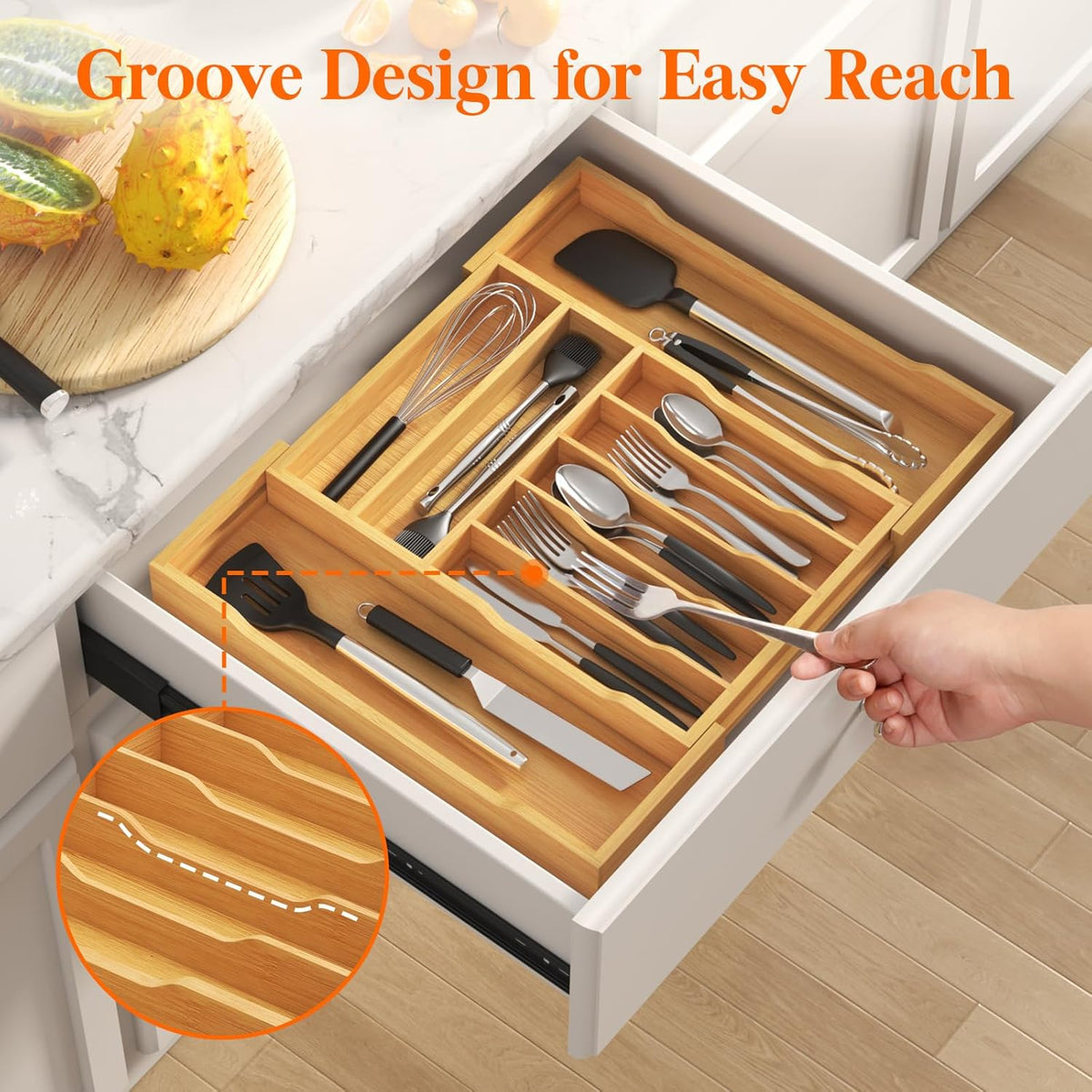 Silverware Drawer Organizer, Expandable Utensil Tray for Kitchen, Flatware and Cutlery Holder, Wood Adjustable Storage for Spoons Forks Knives, 13-22x15/ 33-56x38cm, Natural
