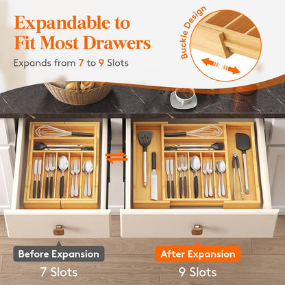 Silverware Drawer Organizer, Expandable Utensil Tray for Kitchen, Flatware and Cutlery Holder, Wood Adjustable Storage for Spoons Forks Knives, 13-22x15/ 33-56x38cm, Natural