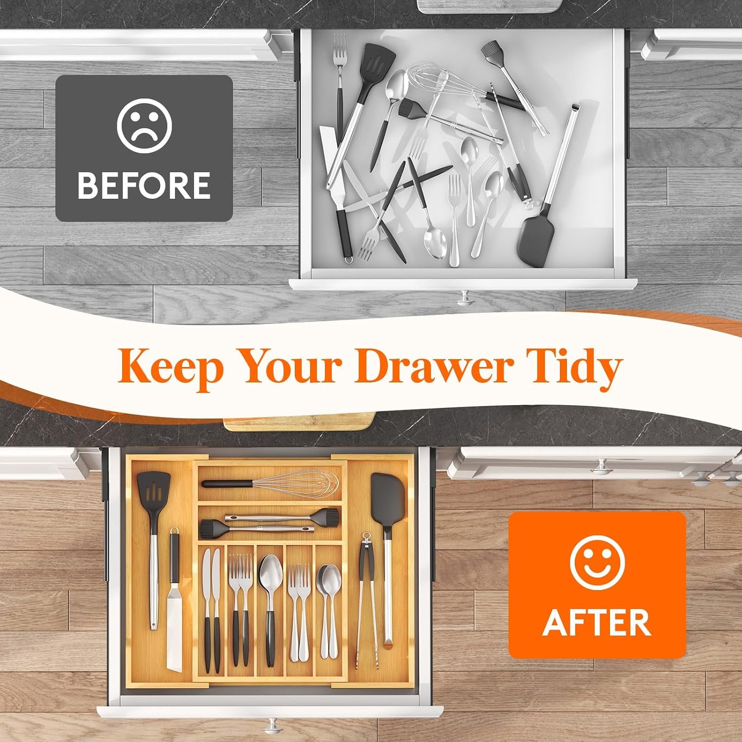 Silverware Drawer Organizer, Expandable Utensil Tray for Kitchen, Flatware and Cutlery Holder, Wood Adjustable Storage for Spoons Forks Knives, 13-22x15/ 33-56x38cm, Natural
