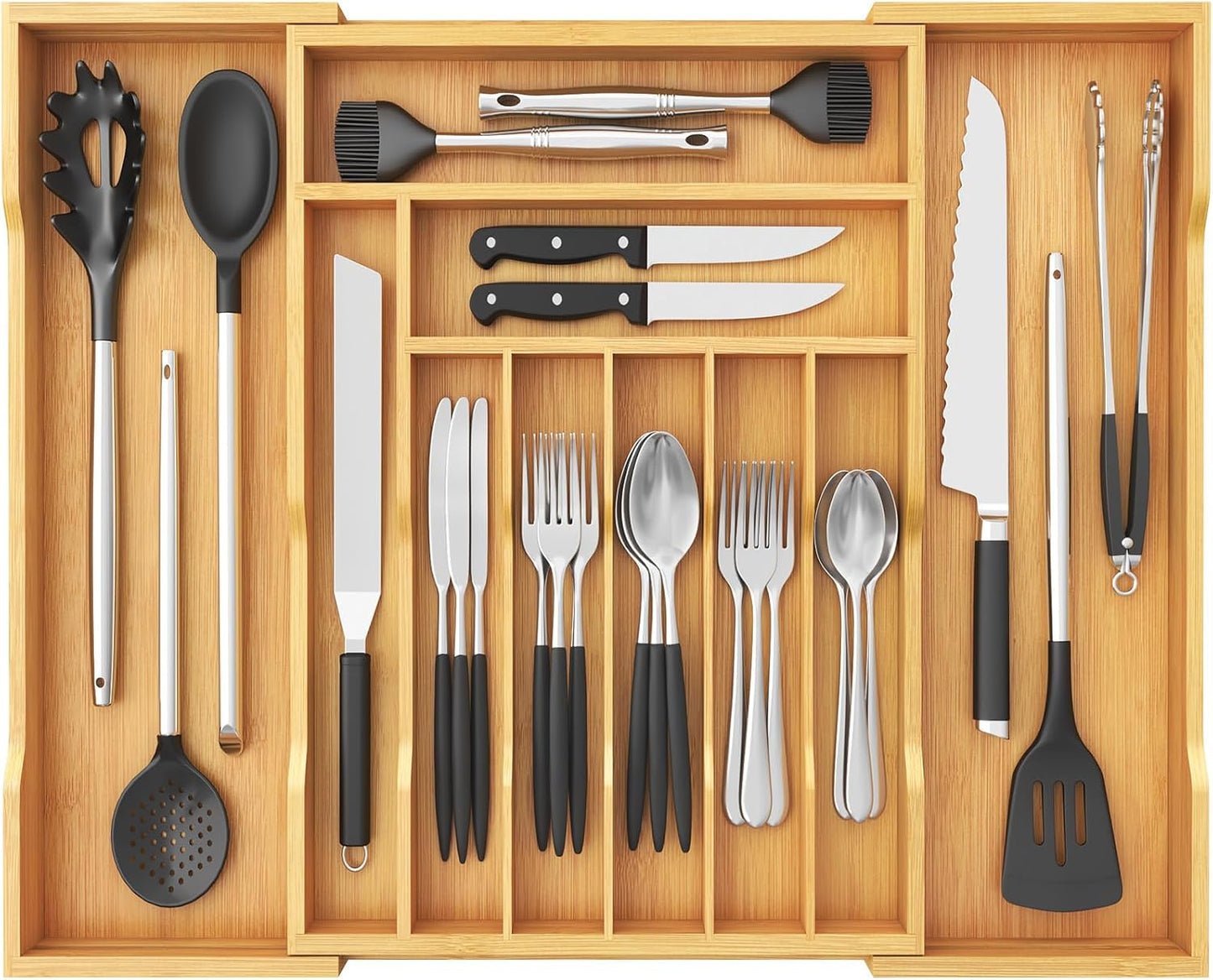 Silverware Drawer Organizer, Expandable Utensil Tray for Kitchen, Flatware and Cutlery Holder, Wood Adjustable Storage for Spoons Forks Knives, 13-22x15/ 33-56x38cm, Natural