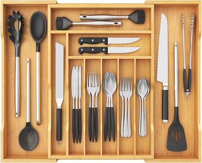 Silverware Drawer Organizer, Expandable Utensil Tray for Kitchen, Flatware and Cutlery Holder, Wood Adjustable Storage for Spoons Forks Knives, 13-22x15/ 33-56x38cm, Natural