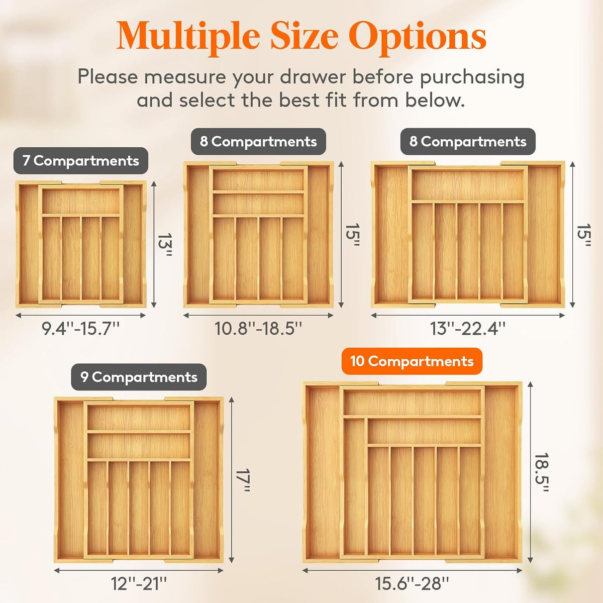Silverware Drawer Organizer, Expandable Utensil Tray for Kitchen, Flatware and Cutlery Holder, Wood Adjustable Storage for Spoons Forks Knives, 13-22x15/ 33-56x38cm, Natural