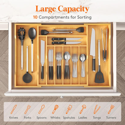 Silverware Drawer Organizer, Expandable Utensil Tray for Kitchen, Flatware and Cutlery Holder, Wood Adjustable Storage for Spoons Forks Knives, 13-22x15/ 33-56x38cm, Natural