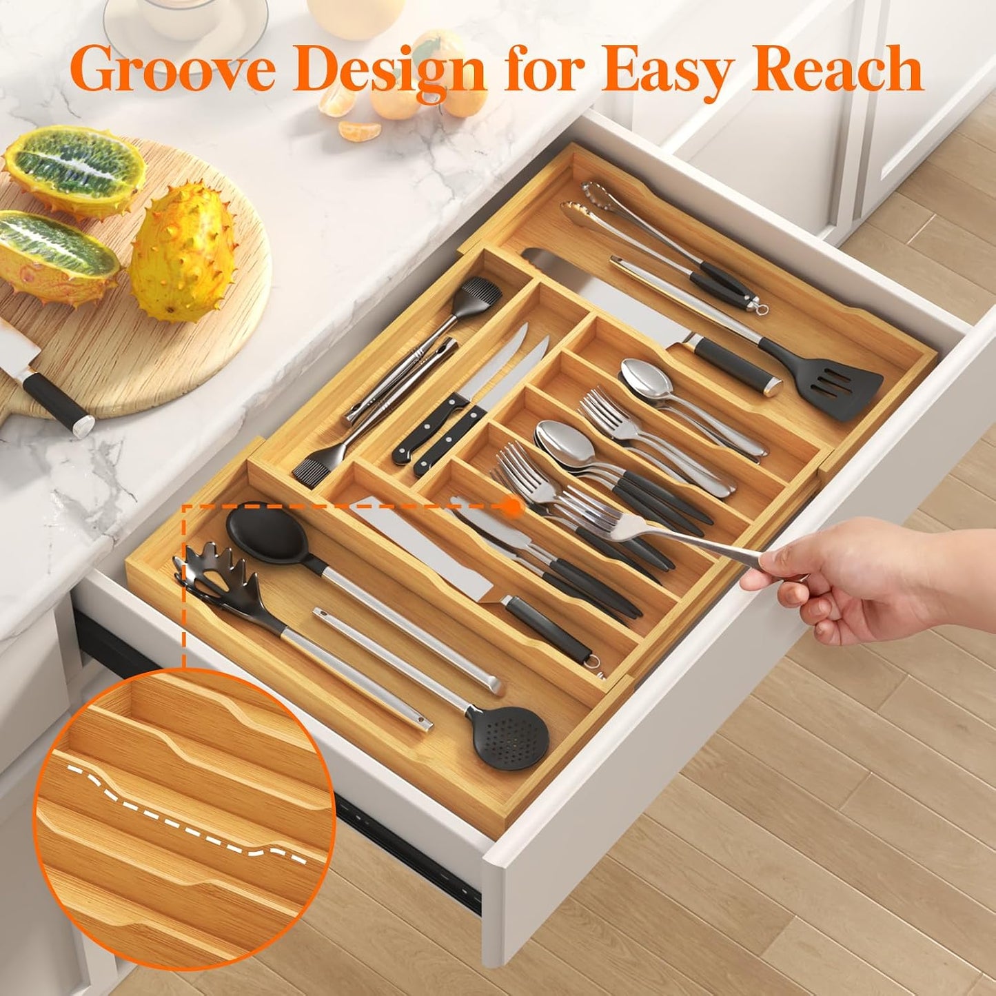 Silverware Drawer Organizer, Expandable Utensil Tray for Kitchen, Flatware and Cutlery Holder, Wood Adjustable Storage for Spoons Forks Knives, 13-22x15/ 33-56x38cm, Natural