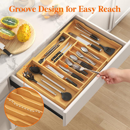 Silverware Drawer Organizer, Expandable Utensil Tray for Kitchen, Flatware and Cutlery Holder, Wood Adjustable Storage for Spoons Forks Knives, 13-22x15/ 33-56x38cm, Natural
