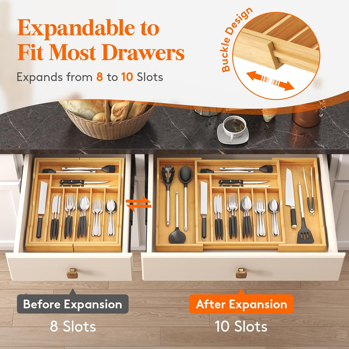 Silverware Drawer Organizer, Expandable Utensil Tray for Kitchen, Flatware and Cutlery Holder, Wood Adjustable Storage for Spoons Forks Knives, 13-22x15/ 33-56x38cm, Natural