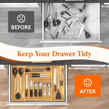 Silverware Drawer Organizer, Expandable Utensil Tray for Kitchen, Flatware and Cutlery Holder, Wood Adjustable Storage for Spoons Forks Knives, 13-22x15/ 33-56x38cm, Natural