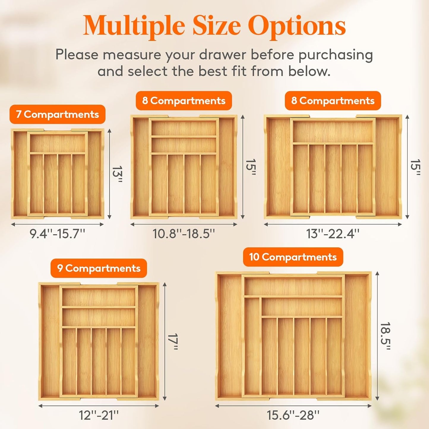 Silverware Drawer Organizer, Expandable Utensil Tray for Kitchen, Flatware and Cutlery Holder, Wood Adjustable Storage for Spoons Forks Knives, 13-22x15/ 33-56x38cm, Natural