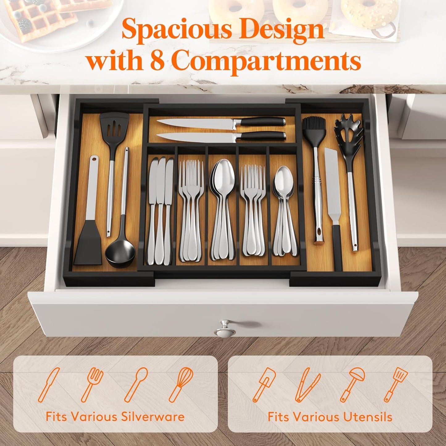 Silverware Drawer Organizer, Expandable Utensil Tray for Kitchen, Flatware and Cutlery Holder, Wood Adjustable Storage for Spoons Forks Knives, 13-22x15/ 33-56x38cm, Natural