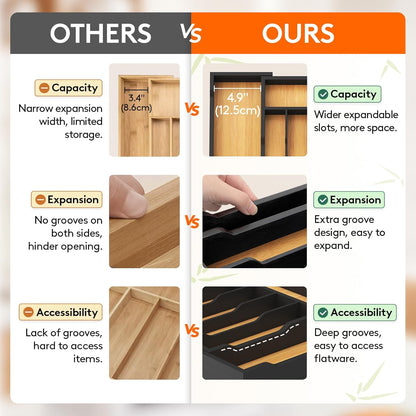 Silverware Drawer Organizer, Expandable Utensil Tray for Kitchen, Flatware and Cutlery Holder, Wood Adjustable Storage for Spoons Forks Knives, 13-22x15/ 33-56x38cm, Natural