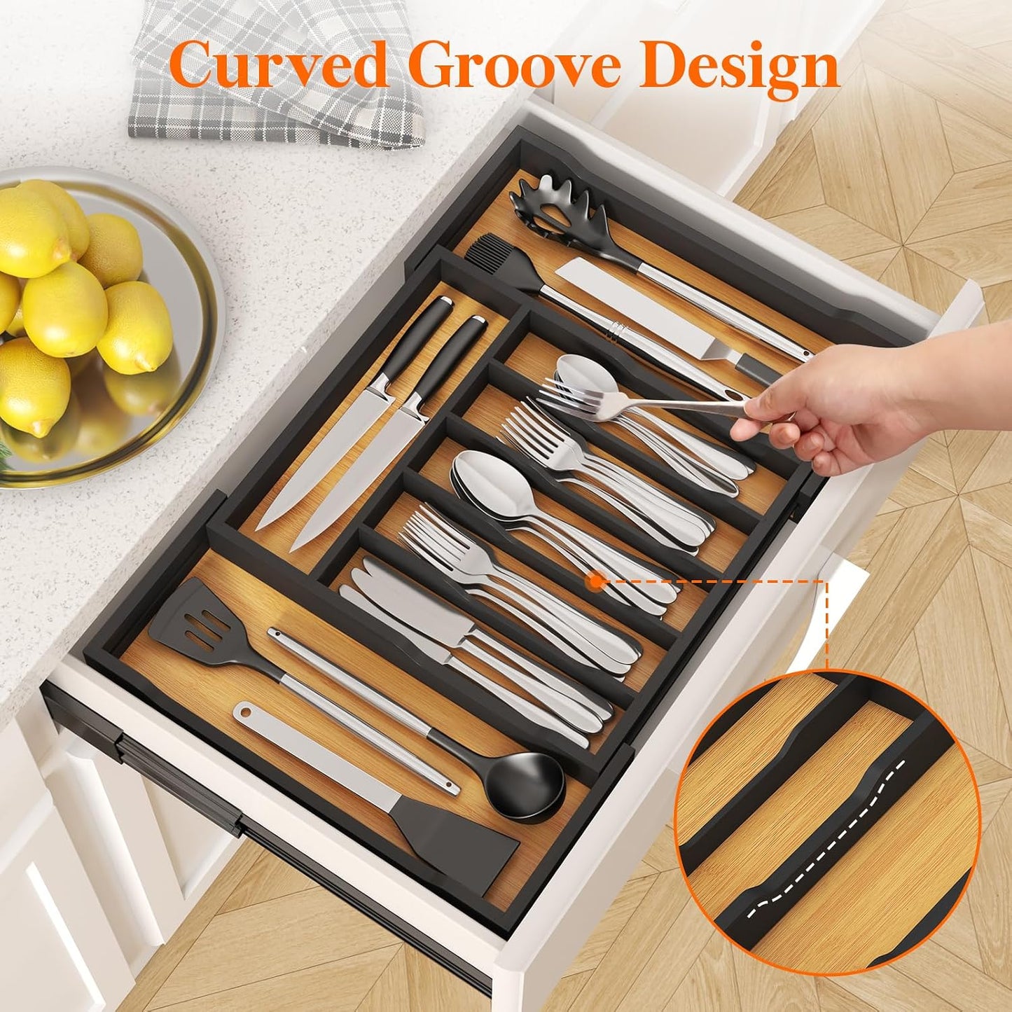 Silverware Drawer Organizer, Expandable Utensil Tray for Kitchen, Flatware and Cutlery Holder, Wood Adjustable Storage for Spoons Forks Knives, 13-22x15/ 33-56x38cm, Natural