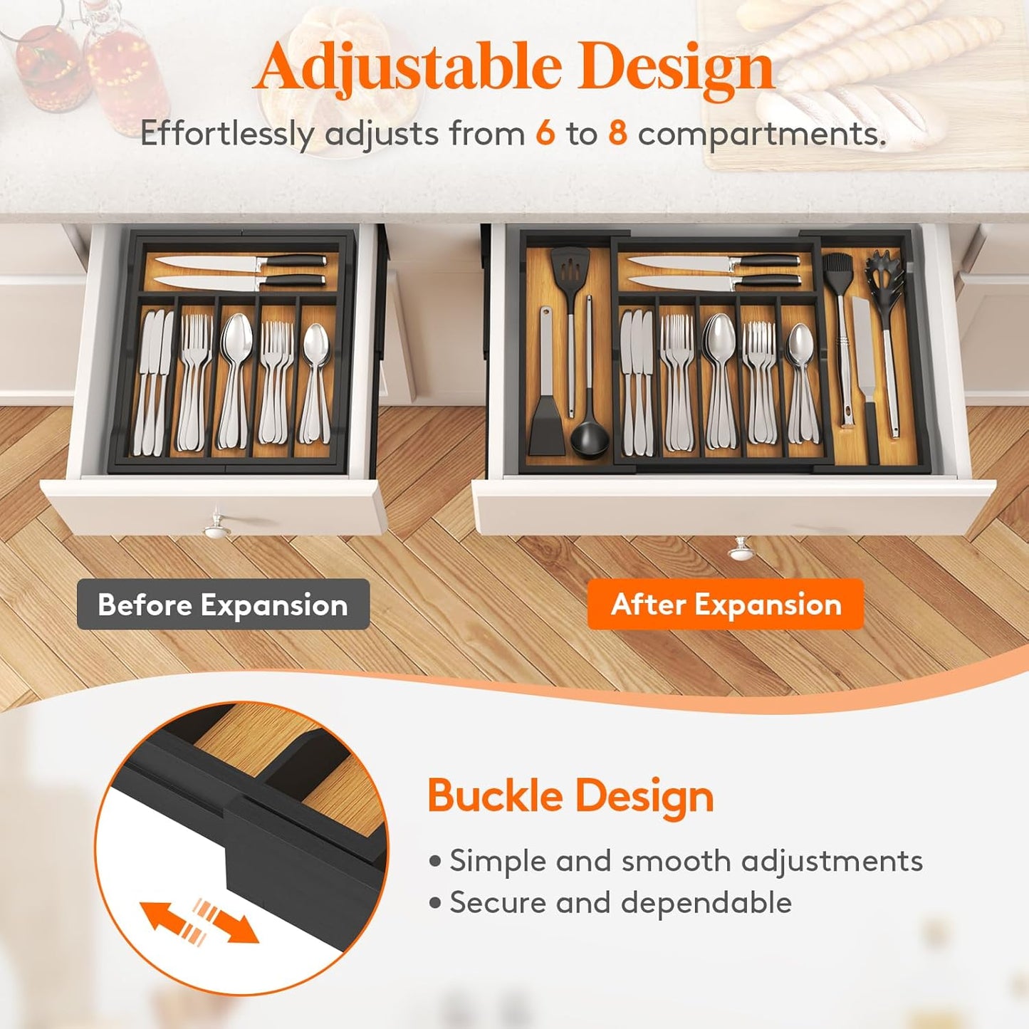 Silverware Drawer Organizer, Expandable Utensil Tray for Kitchen, Flatware and Cutlery Holder, Wood Adjustable Storage for Spoons Forks Knives, 13-22x15/ 33-56x38cm, Natural