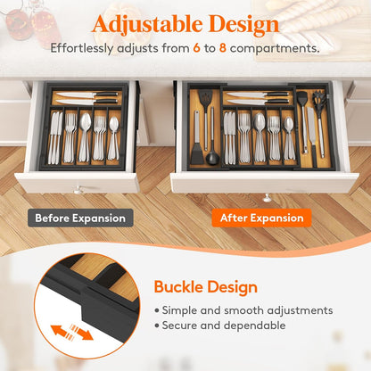 Silverware Drawer Organizer, Expandable Utensil Tray for Kitchen, Flatware and Cutlery Holder, Wood Adjustable Storage for Spoons Forks Knives, 13-22x15/ 33-56x38cm, Natural