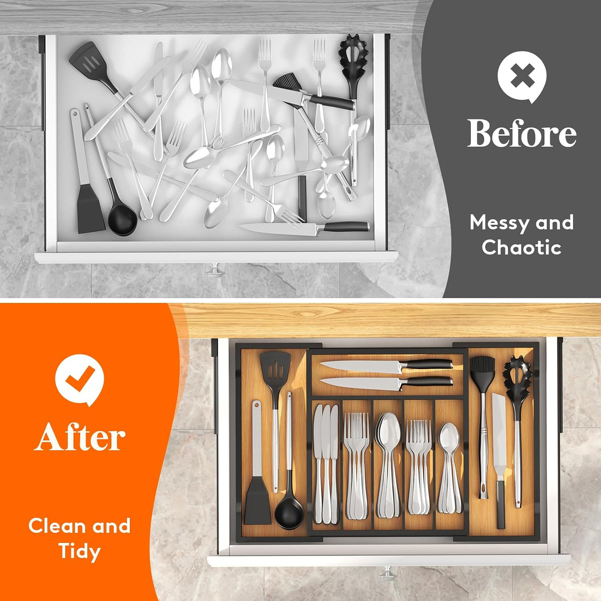 Silverware Drawer Organizer, Expandable Utensil Tray for Kitchen, Flatware and Cutlery Holder, Wood Adjustable Storage for Spoons Forks Knives, 13-22x15/ 33-56x38cm, Natural