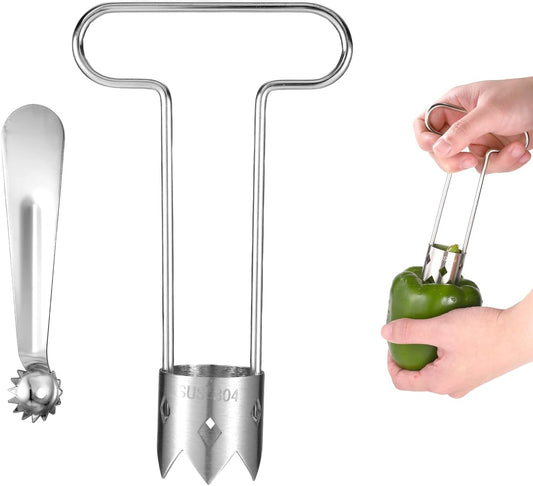2pcs Red Bell Pepper Seed Corer Set, Stainless Steel T-Shape and Spoon-Shape Fruit Vegetable Stem Remover Practical Kitchen Gadget Tool for Pepper Pineapple Pear Apple Tomato Core Pit Remover