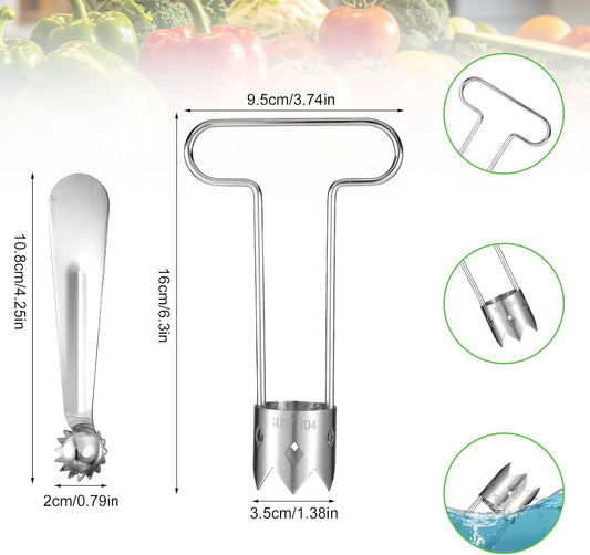 2pcs Red Bell Pepper Seed Corer Set, Stainless Steel T-Shape and Spoon-Shape Fruit Vegetable Stem Remover Practical Kitchen Gadget Tool for Pepper Pineapple Pear Apple Tomato Core Pit Remover