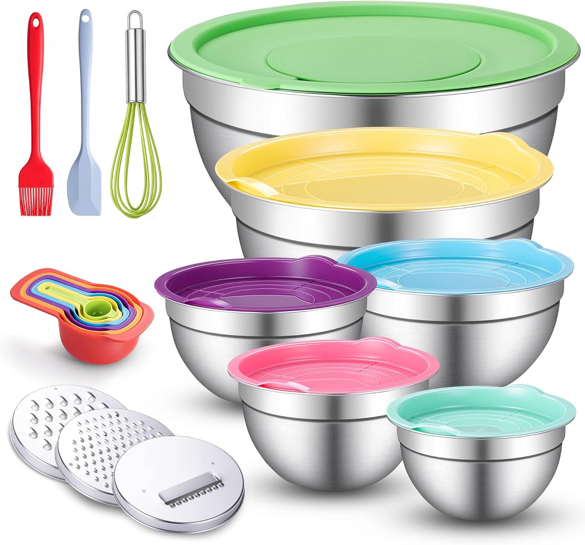 Stainless Steel Mixing Bowls with Lids Set, 3 Grater Inserts