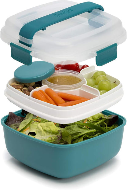 Stackable Lunch Box Container, Bento Style Food Storage with Removeable Compartments for Sandwich, Snacks, Toppings & Dressing, Leak-Proof and Made without BPA, 56-Ounce, Teal
