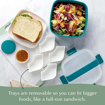 Stackable Lunch Box Container, Bento Style Food Storage with Removeable Compartments for Sandwich, Snacks, Toppings & Dressing, Leak-Proof and Made without BPA, 56-Ounce, Teal