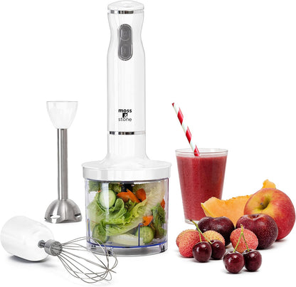 Hand Blender With Egg Whisk & Chopper, Powerful 300 Watt - Stick Blender, Hand Mixer Set Stainless Steel Shaft & Blades, White Handheld Blender With Ergonomic Handle