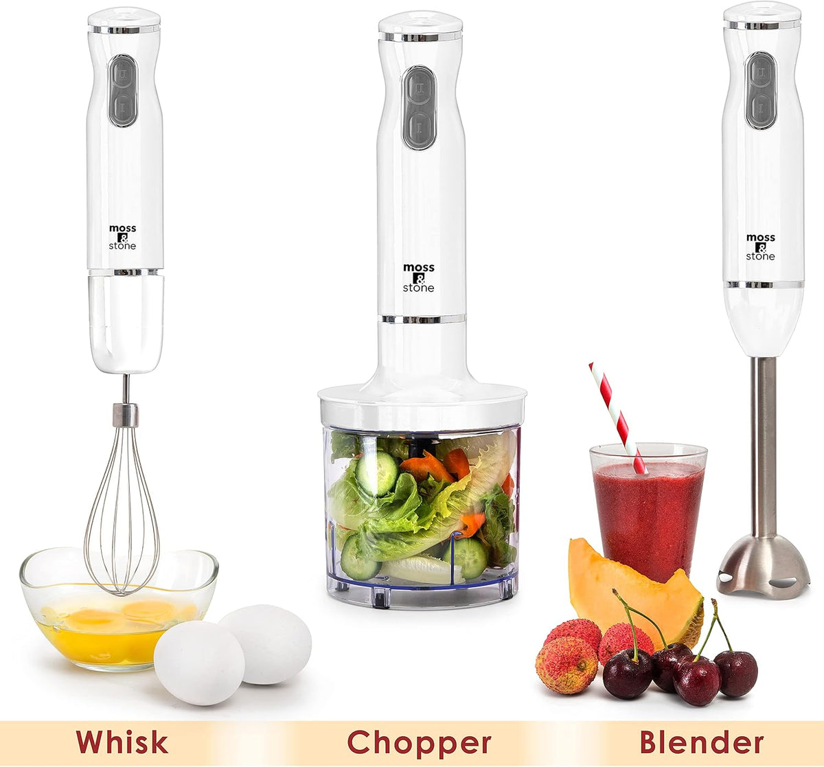 Hand Blender With Egg Whisk & Chopper, Powerful 300 Watt - Stick Blender, Hand Mixer Set Stainless Steel Shaft & Blades, White Handheld Blender With Ergonomic Handle