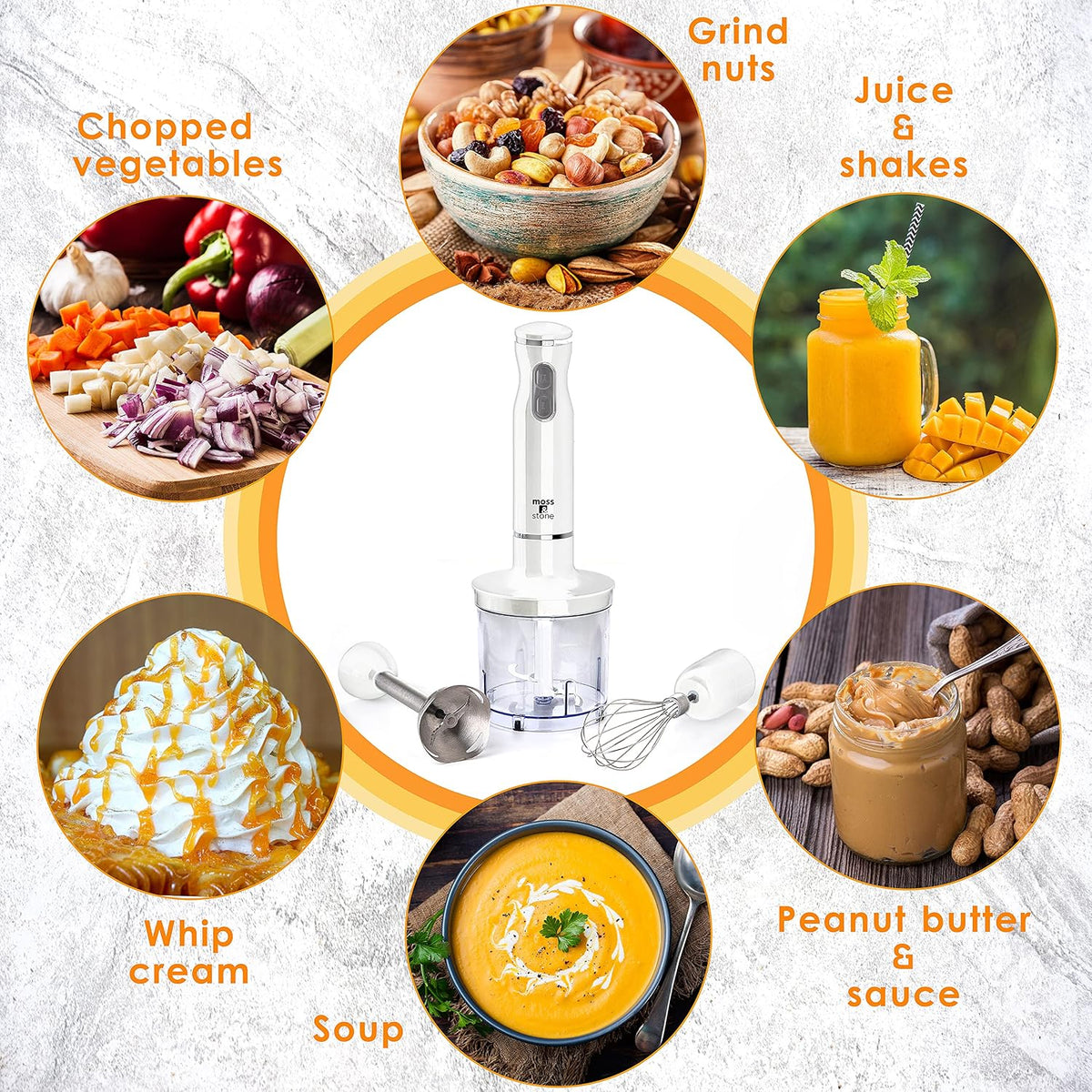 Hand Blender With Egg Whisk & Chopper, Powerful 300 Watt - Stick Blender, Hand Mixer Set Stainless Steel Shaft & Blades, White Handheld Blender With Ergonomic Handle