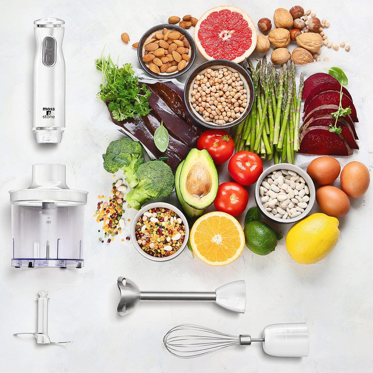 Hand Blender With Egg Whisk & Chopper, Powerful 300 Watt - Stick Blender, Hand Mixer Set Stainless Steel Shaft & Blades, White Handheld Blender With Ergonomic Handle