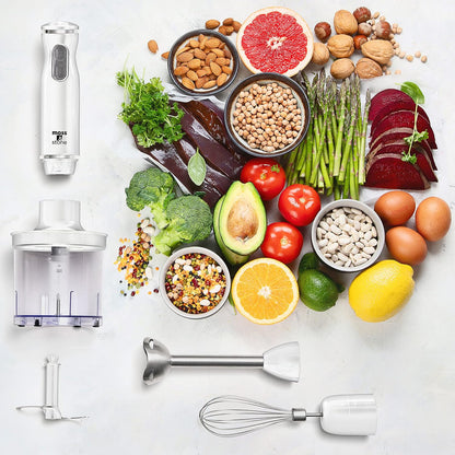 Hand Blender With Egg Whisk & Chopper, Powerful 300 Watt - Stick Blender, Hand Mixer Set Stainless Steel Shaft & Blades, White Handheld Blender With Ergonomic Handle