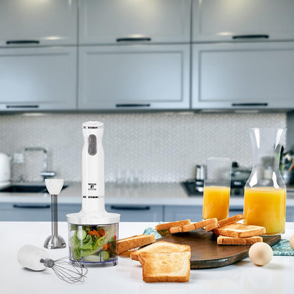 Hand Blender With Egg Whisk & Chopper, Powerful 300 Watt - Stick Blender, Hand Mixer Set Stainless Steel Shaft & Blades, White Handheld Blender With Ergonomic Handle