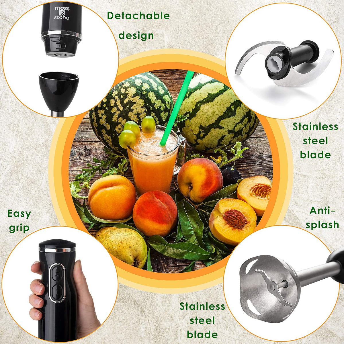 Hand Blender With Egg Whisk & Chopper, Powerful 300 Watt - Stick Blender, Hand Mixer Set Stainless Steel Shaft & Blades, White Handheld Blender With Ergonomic Handle