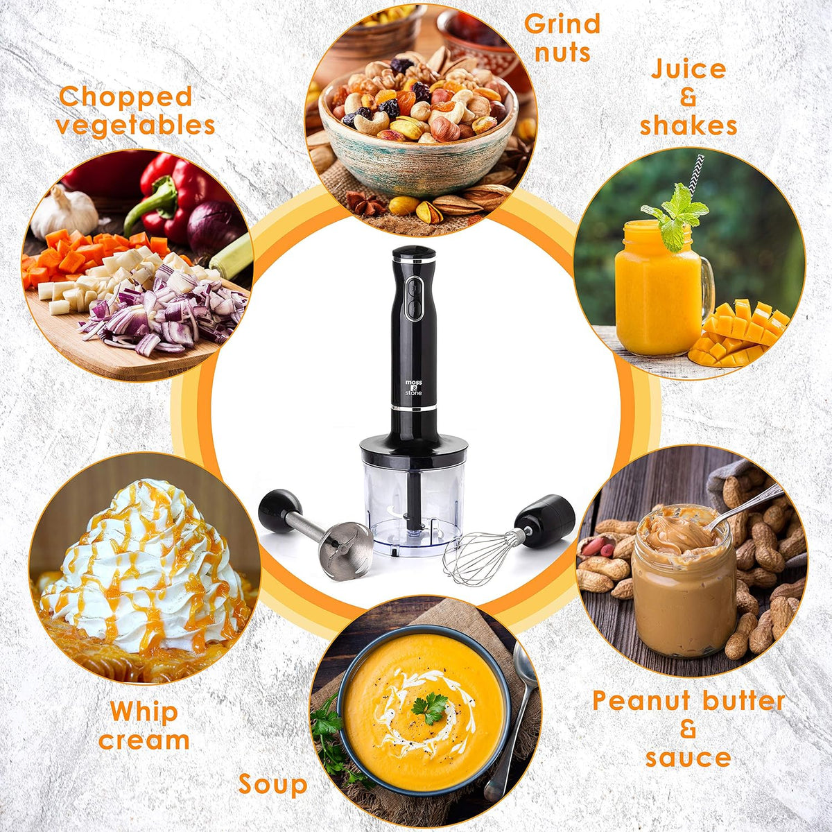Hand Blender With Egg Whisk & Chopper, Powerful 300 Watt - Stick Blender, Hand Mixer Set Stainless Steel Shaft & Blades, White Handheld Blender With Ergonomic Handle