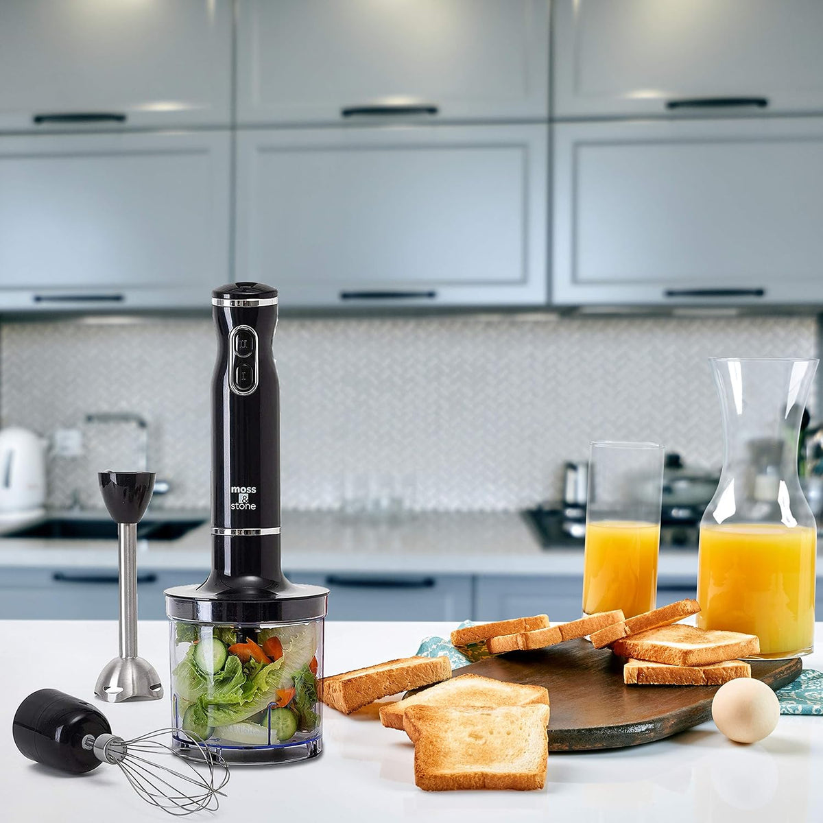 Hand Blender With Egg Whisk & Chopper, Powerful 300 Watt - Stick Blender, Hand Mixer Set Stainless Steel Shaft & Blades, White Handheld Blender With Ergonomic Handle