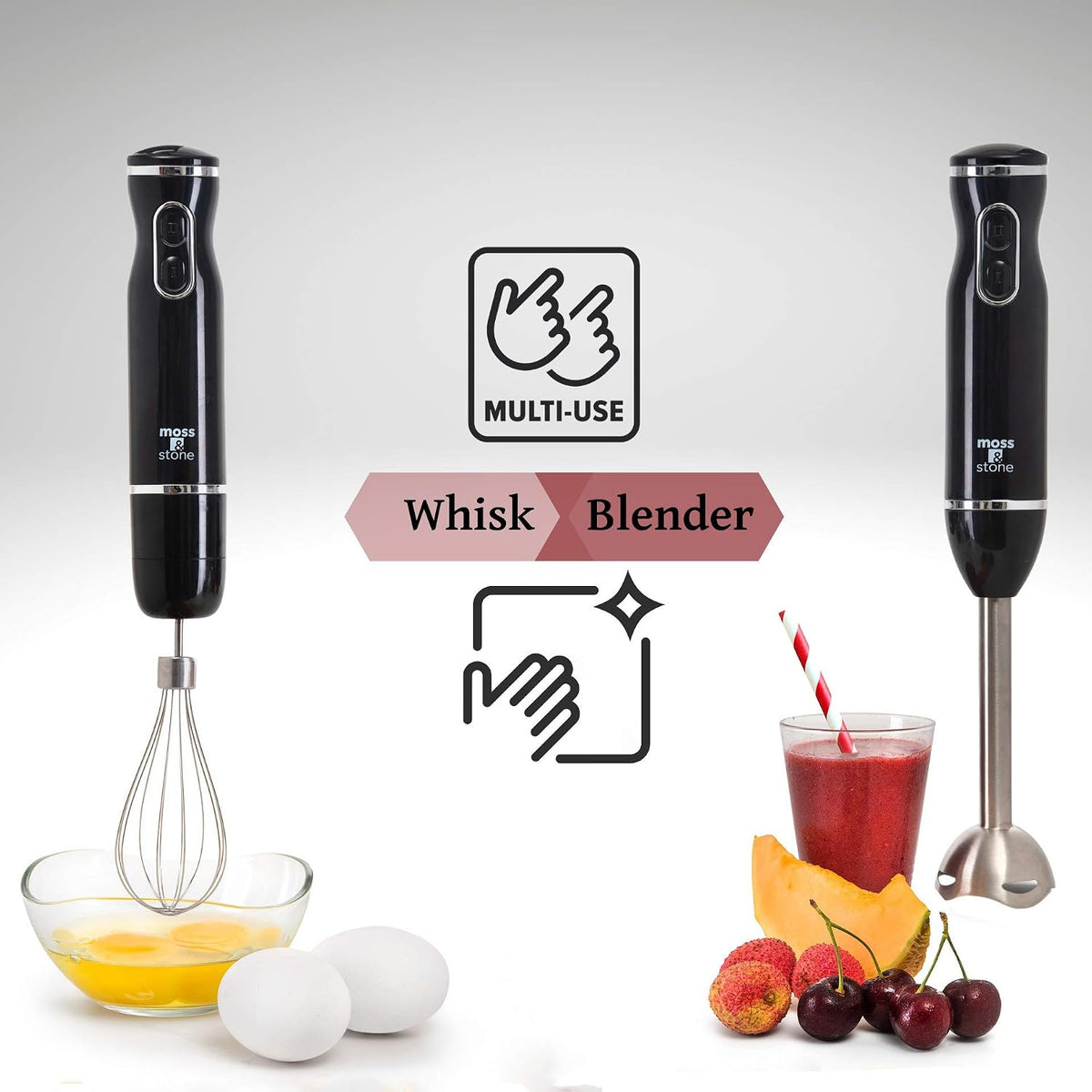 Hand Blender With Egg Whisk & Chopper, Powerful 300 Watt - Stick Blender, Hand Mixer Set Stainless Steel Shaft & Blades, White Handheld Blender With Ergonomic Handle