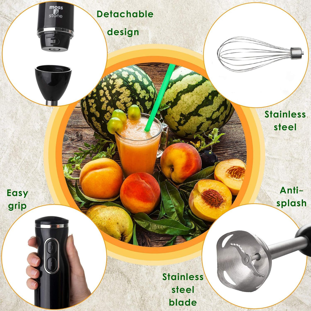 Hand Blender With Egg Whisk & Chopper, Powerful 300 Watt - Stick Blender, Hand Mixer Set Stainless Steel Shaft & Blades, White Handheld Blender With Ergonomic Handle