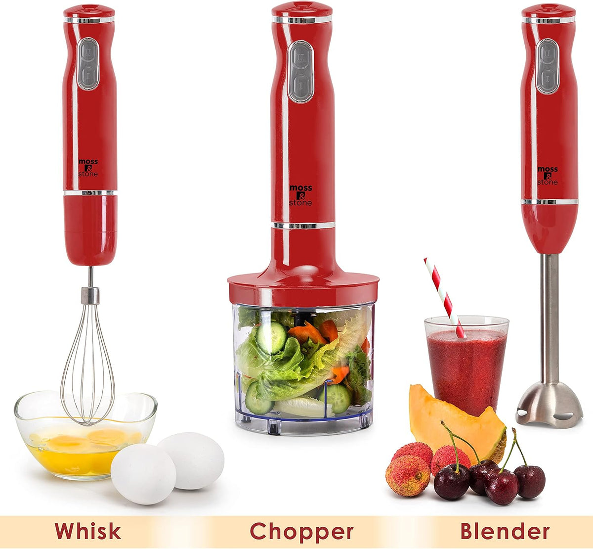 Hand Blender With Egg Whisk & Chopper, Powerful 300 Watt - Stick Blender, Hand Mixer Set Stainless Steel Shaft & Blades, White Handheld Blender With Ergonomic Handle