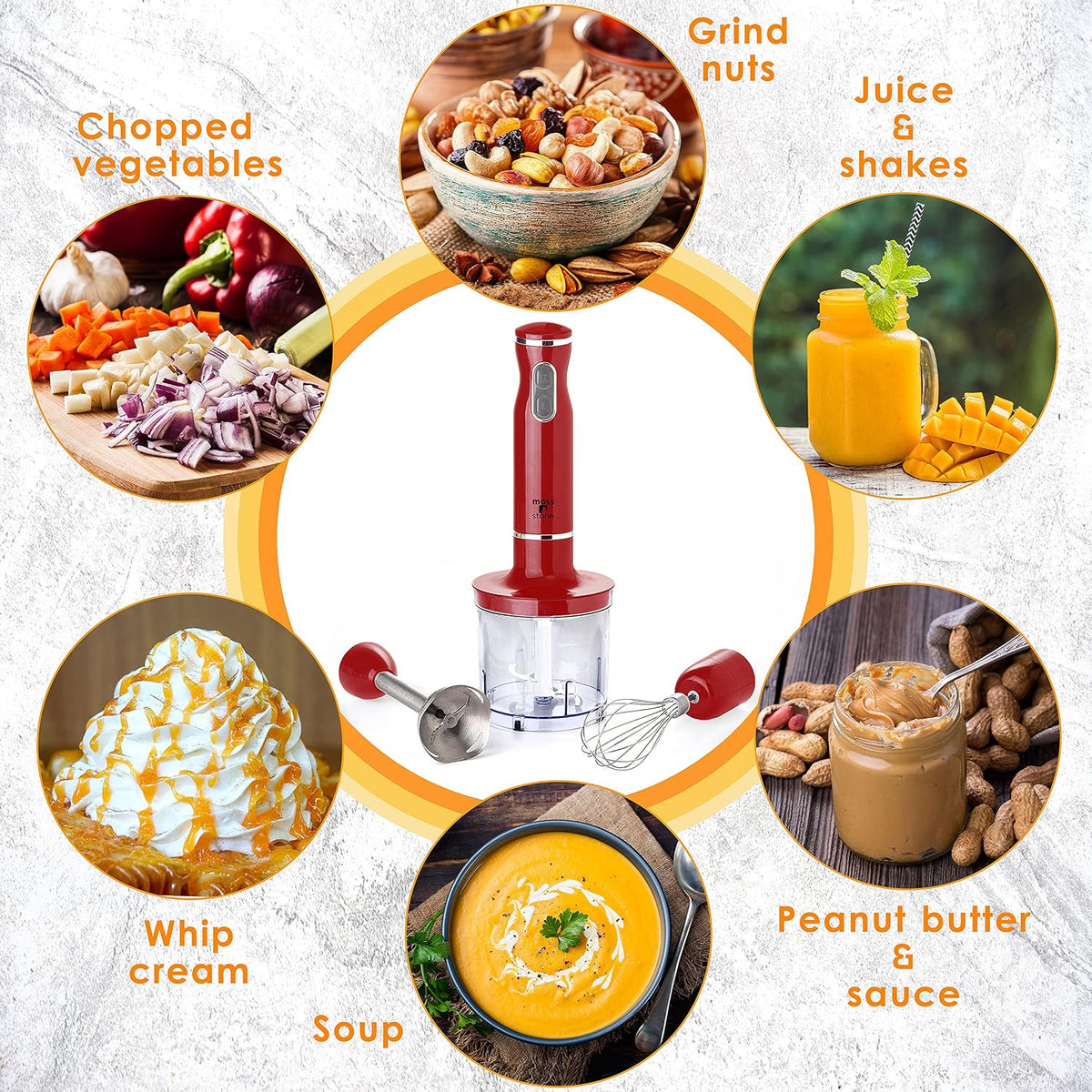 Hand Blender With Egg Whisk & Chopper, Powerful 300 Watt - Stick Blender, Hand Mixer Set Stainless Steel Shaft & Blades, White Handheld Blender With Ergonomic Handle