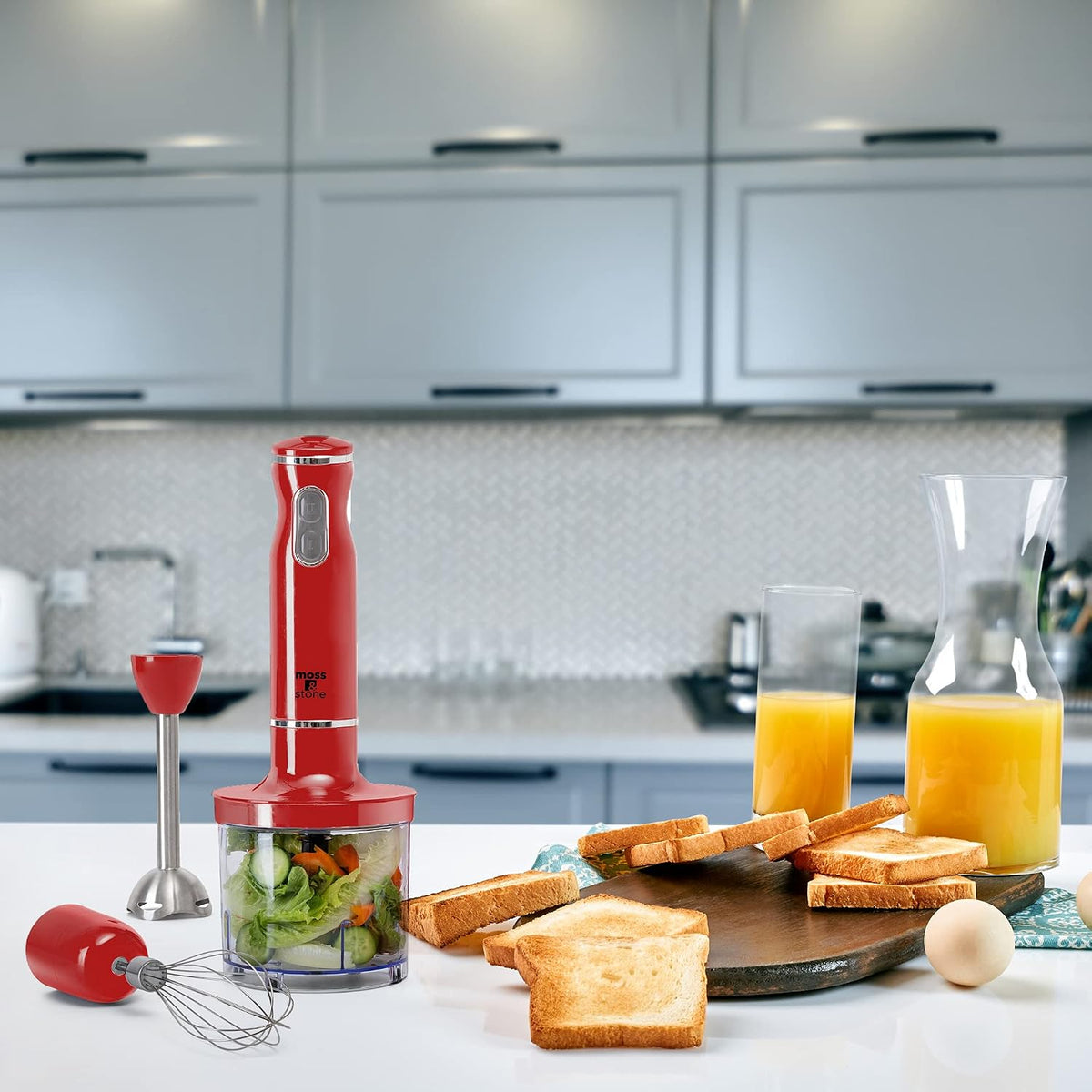 Hand Blender With Egg Whisk & Chopper, Powerful 300 Watt - Stick Blender, Hand Mixer Set Stainless Steel Shaft & Blades, White Handheld Blender With Ergonomic Handle