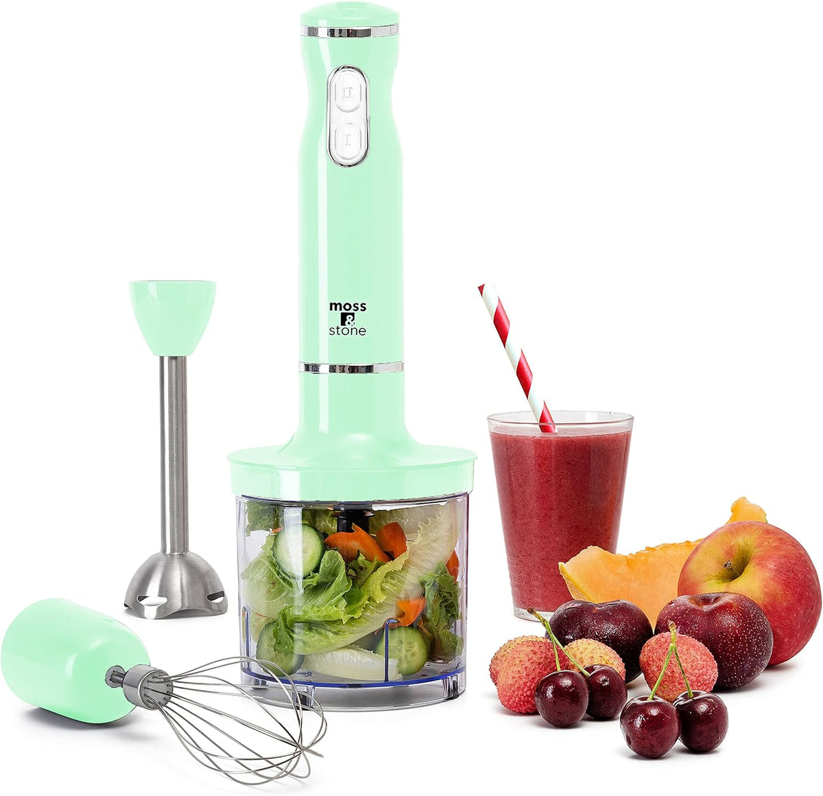 Hand Blender With Egg Whisk & Chopper, Powerful 300 Watt - Stick Blender, Hand Mixer Set Stainless Steel Shaft & Blades, White Handheld Blender With Ergonomic Handle