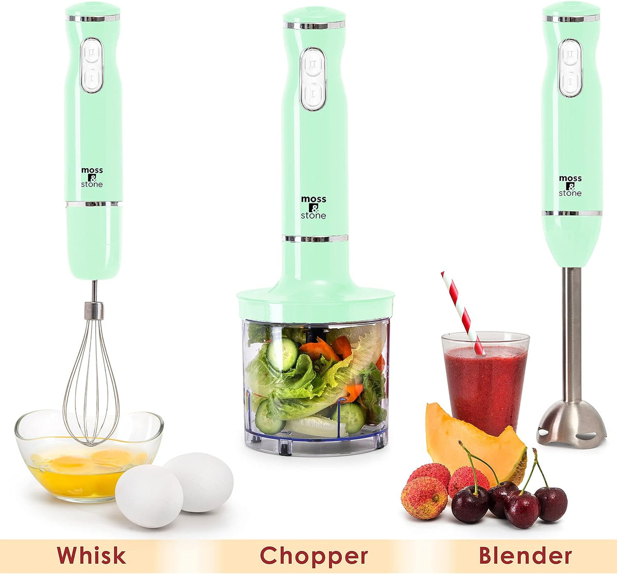 Hand Blender With Egg Whisk & Chopper, Powerful 300 Watt - Stick Blender, Hand Mixer Set Stainless Steel Shaft & Blades, White Handheld Blender With Ergonomic Handle
