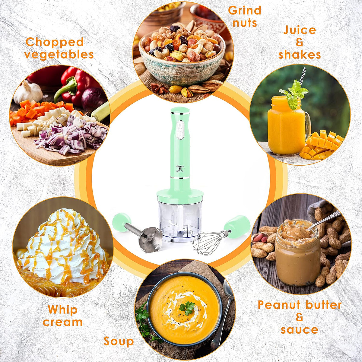 Hand Blender With Egg Whisk & Chopper, Powerful 300 Watt - Stick Blender, Hand Mixer Set Stainless Steel Shaft & Blades, White Handheld Blender With Ergonomic Handle
