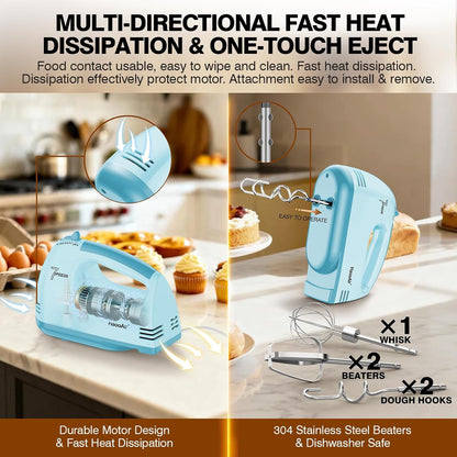 Electric Handheld Mixer, 7-Speed Adjustable Kitchen Mixer, 5 Stainless Steel Accessories (2 * Dough Hooks, 2 * Beaters, 1 * Whisk), Perfect for Kitchen and Baking Food Mixers, Blue