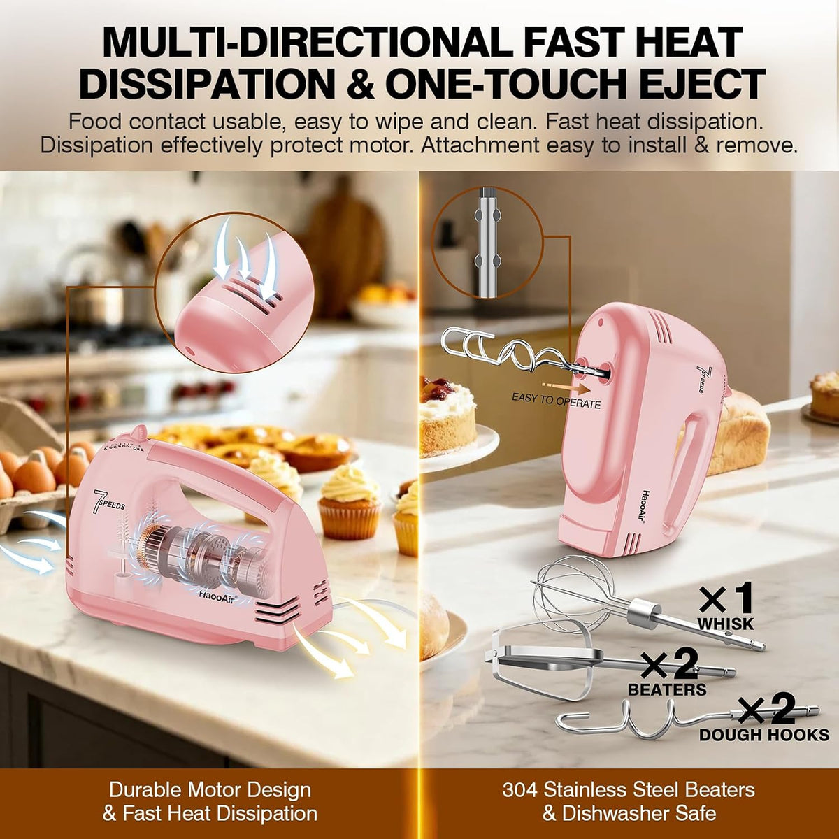 Electric Handheld Mixer, 7-Speed Adjustable Kitchen Mixer, 5 Stainless Steel Accessories (2 * Dough Hooks, 2 * Beaters, 1 * Whisk), Perfect for Kitchen and Baking Food Mixers, Blue